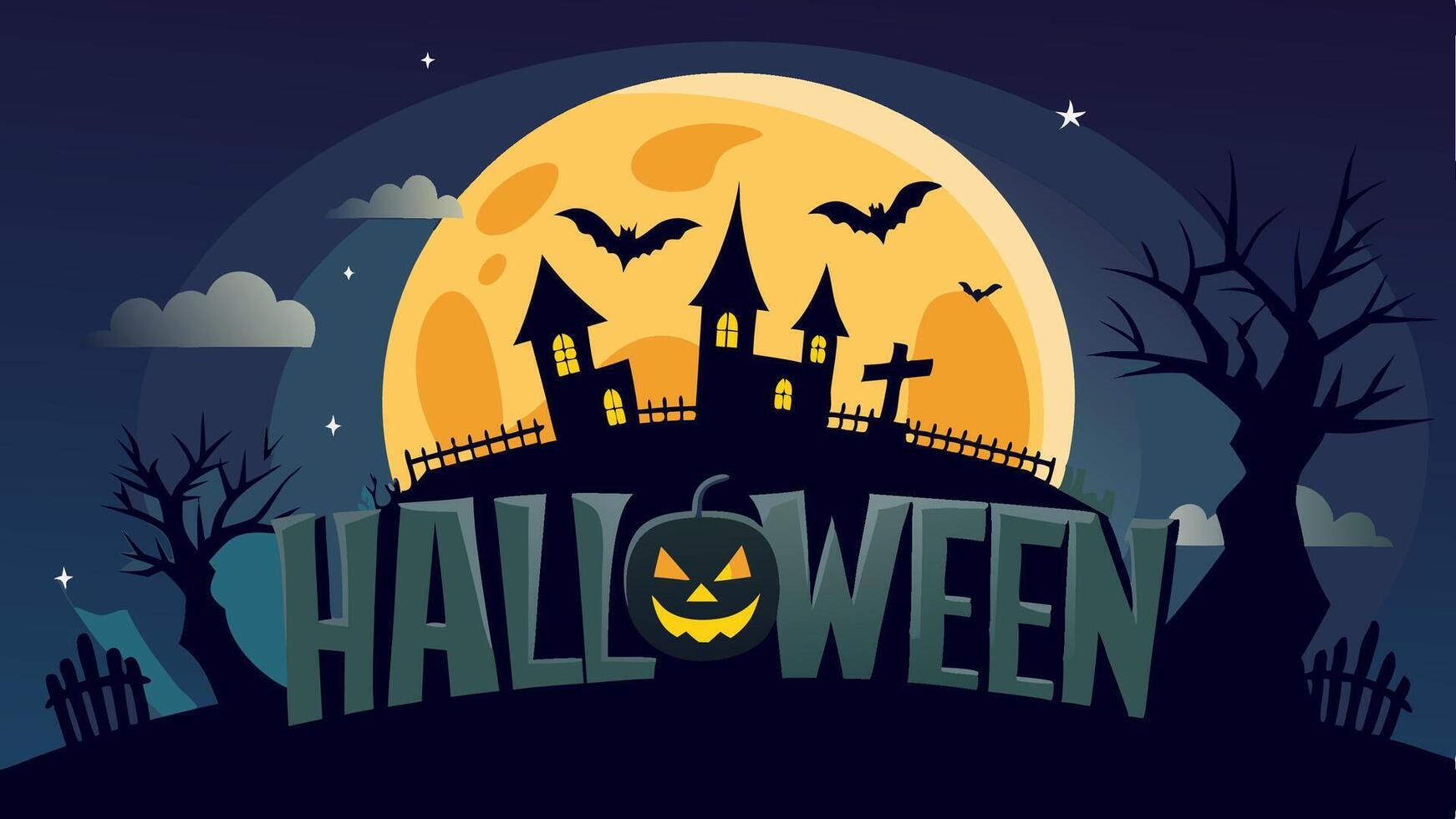 Haloween background with black castle, graveyard at night full moon vector
