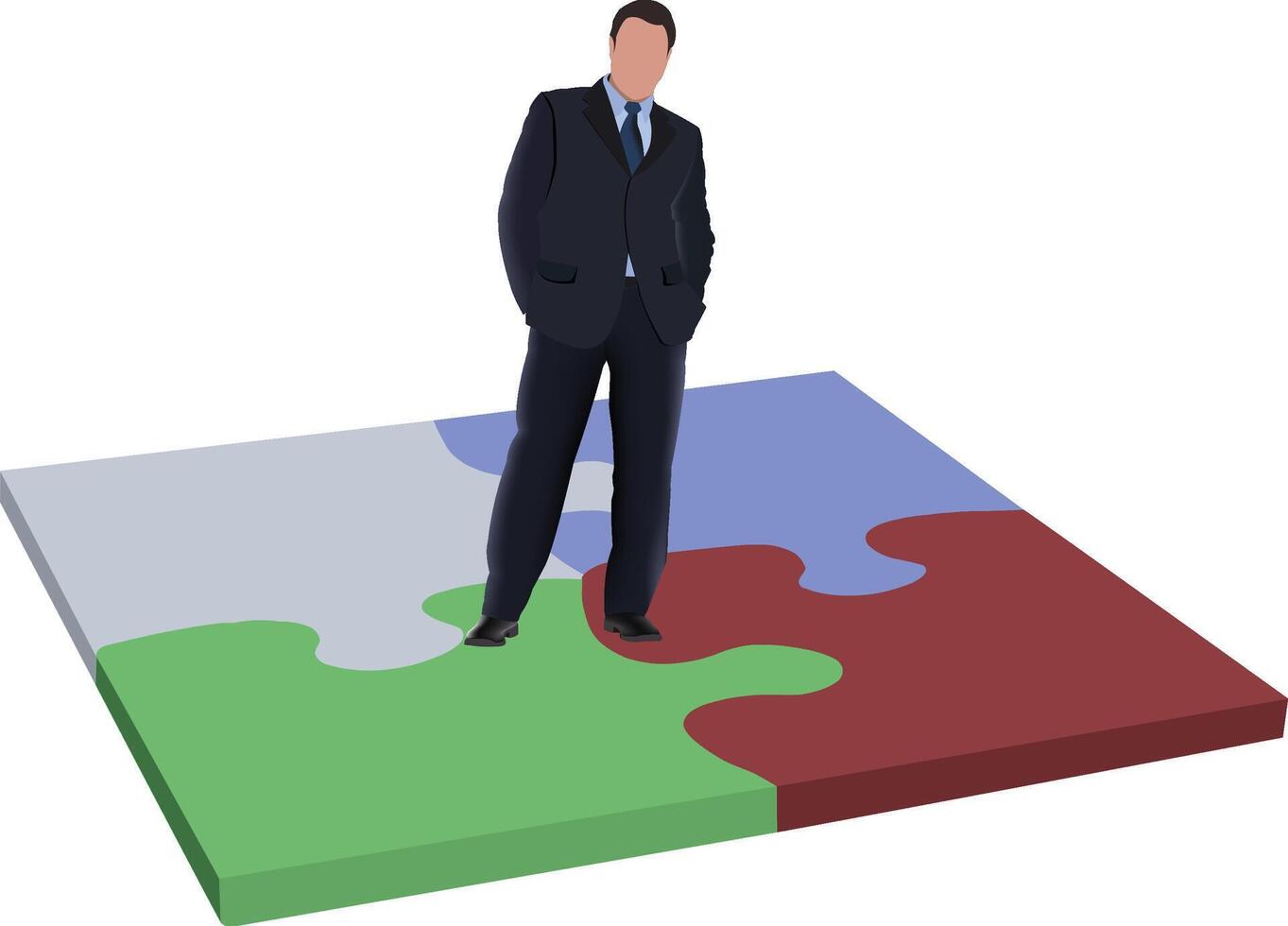 Confident businessman standing on top of colorful jigsaw puzzle pieces vector