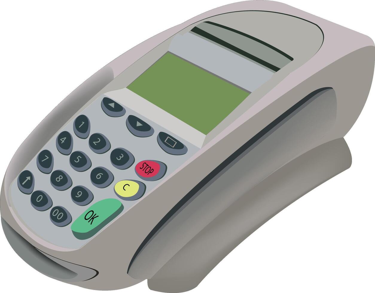 Credit card reader standing on countertop showing green screen vector