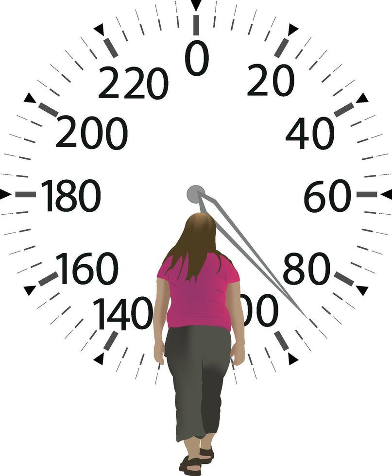 Woman walking away from a scale displaying her weight vector