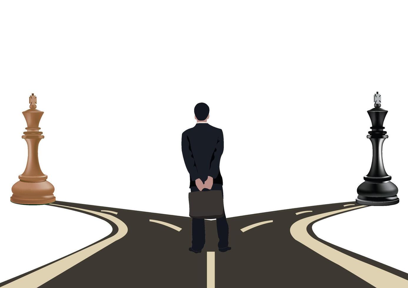 Businessman at a crossroads with giant chess pieces vector