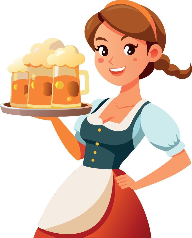 Waitress holding beer in mugs on a tray at oktoberfest vector