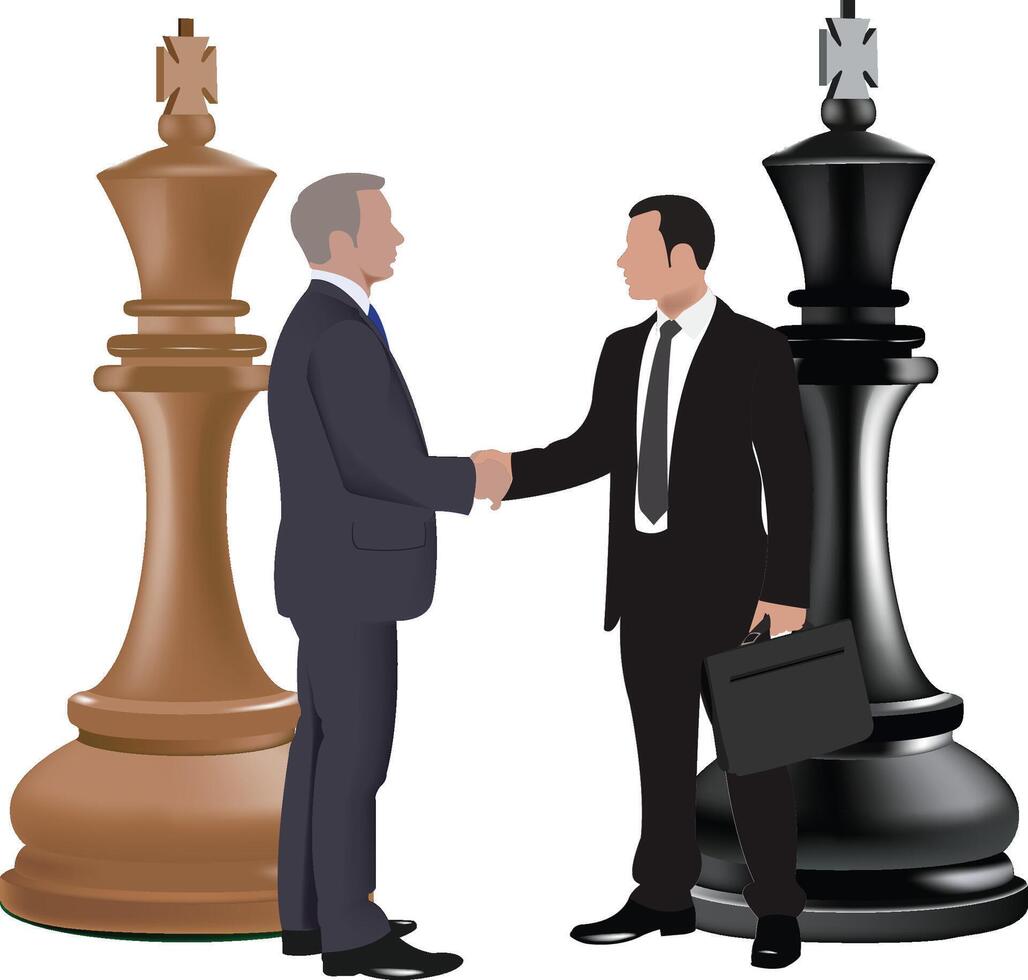 Two businessmen shaking hands as partners in corporate strategy game vector
