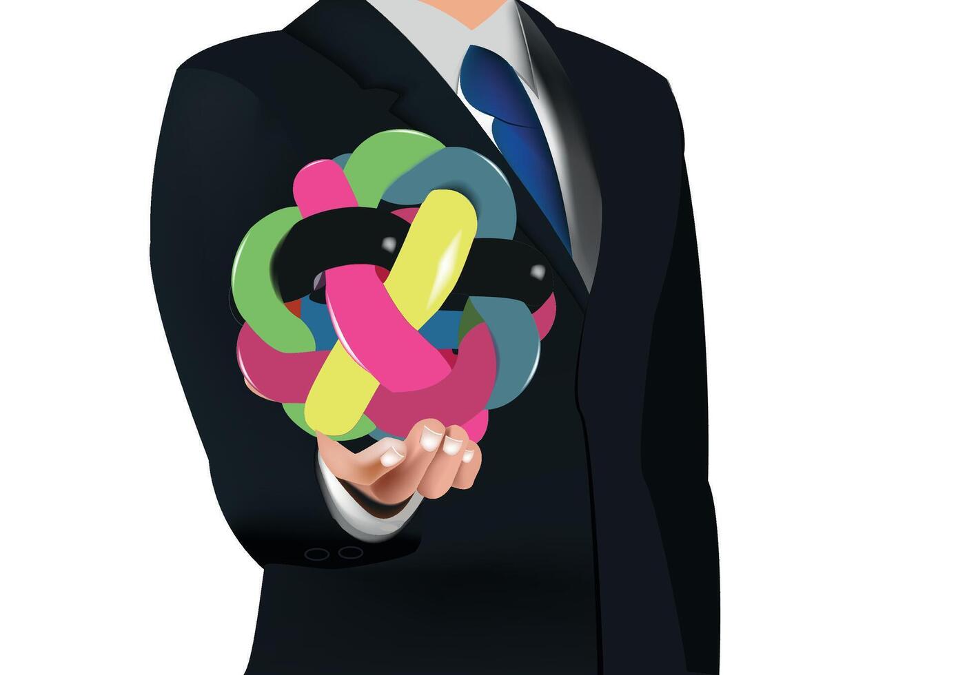 Businessman holding colorful intertwined strands representing complex business strategy vector