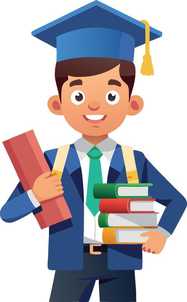 Happy graduate student holding diploma and books vector