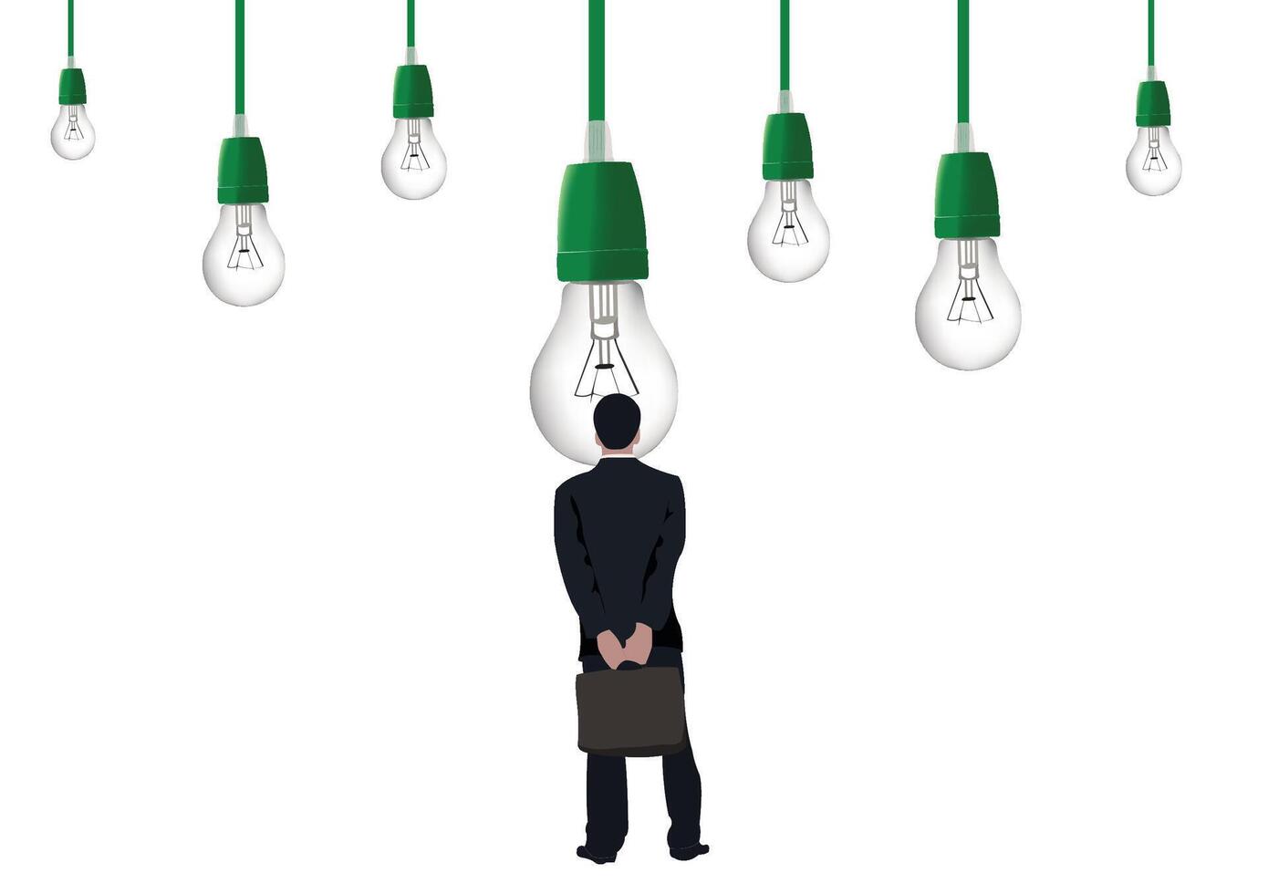 Conceptual image of a man in a suit looking at illuminated light bulbs, symbolizing decision-making and ideas vector