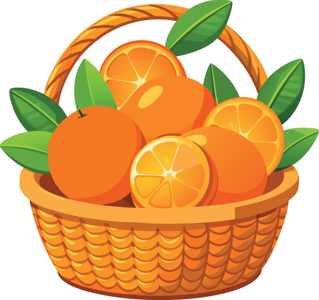 Wicker basket overflowing with juicy ripe oranges and green leaves vector