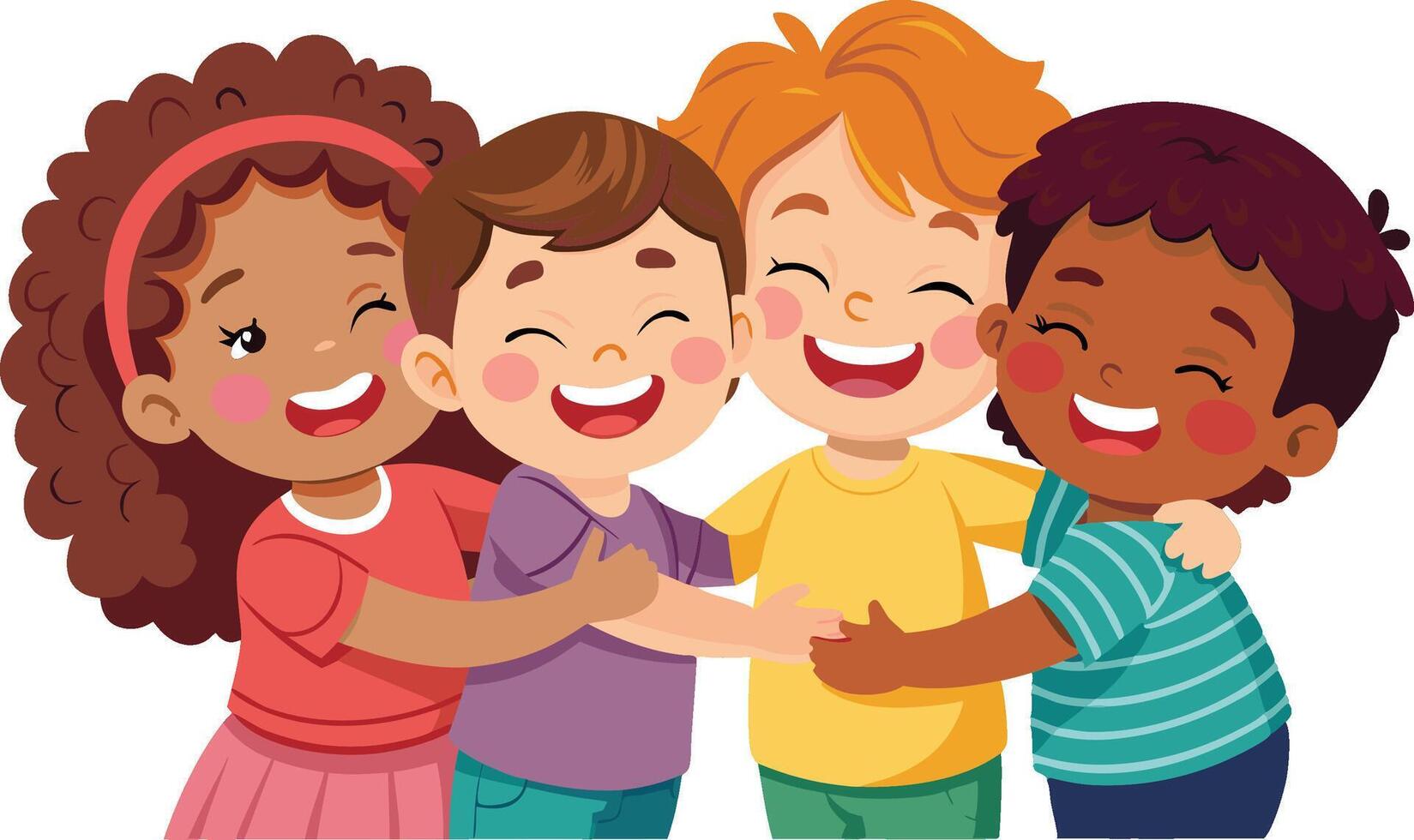 Group of diverse children hugging and smiling vector