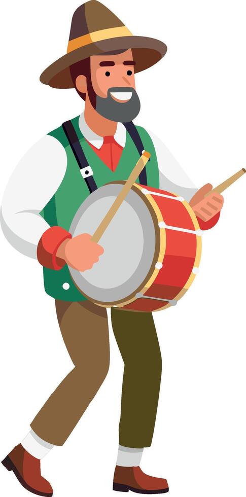 Bearded musician wearing traditional clothes playing a drum vector