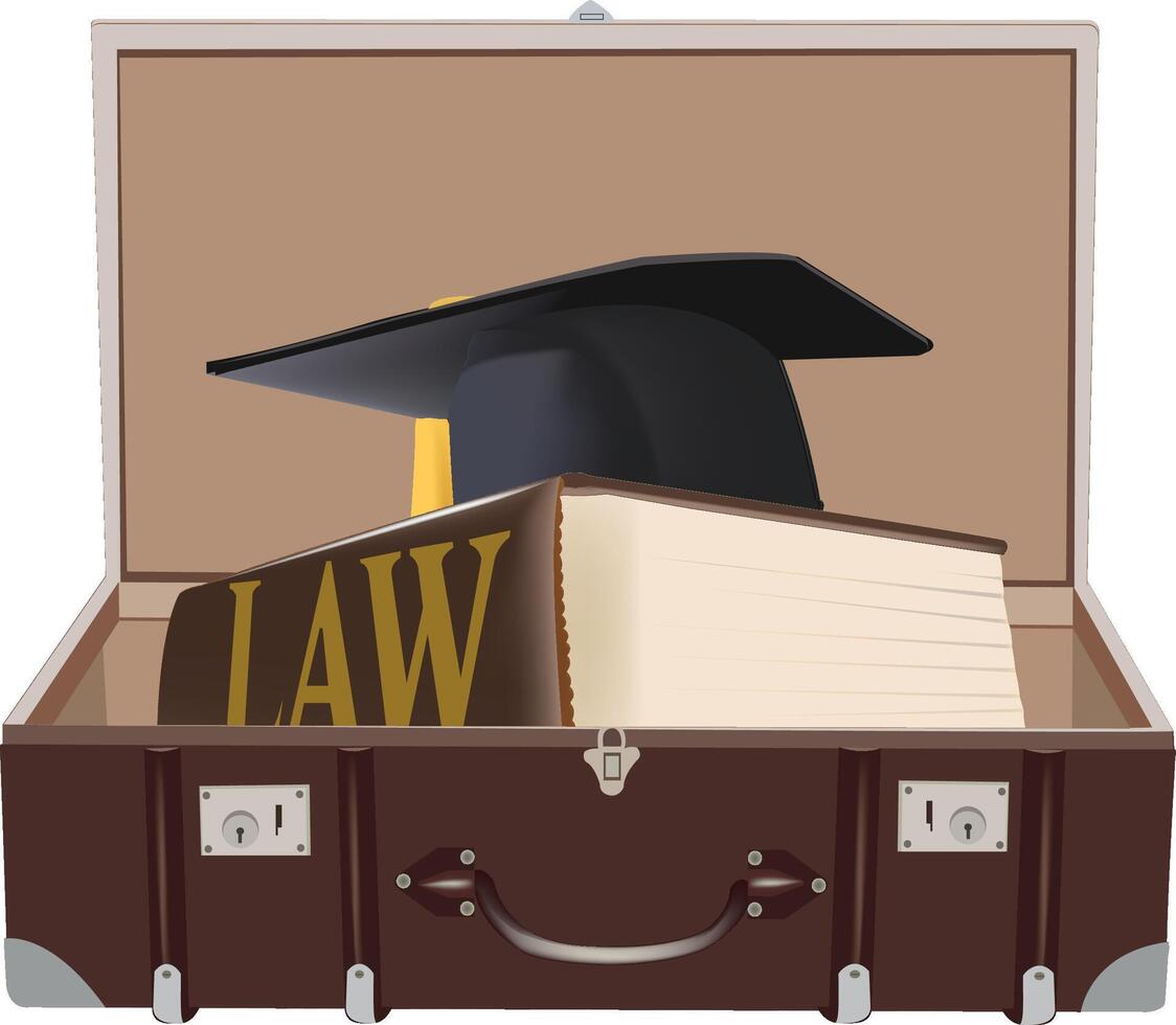 Graduation cap resting on law book inside open suitcase vector