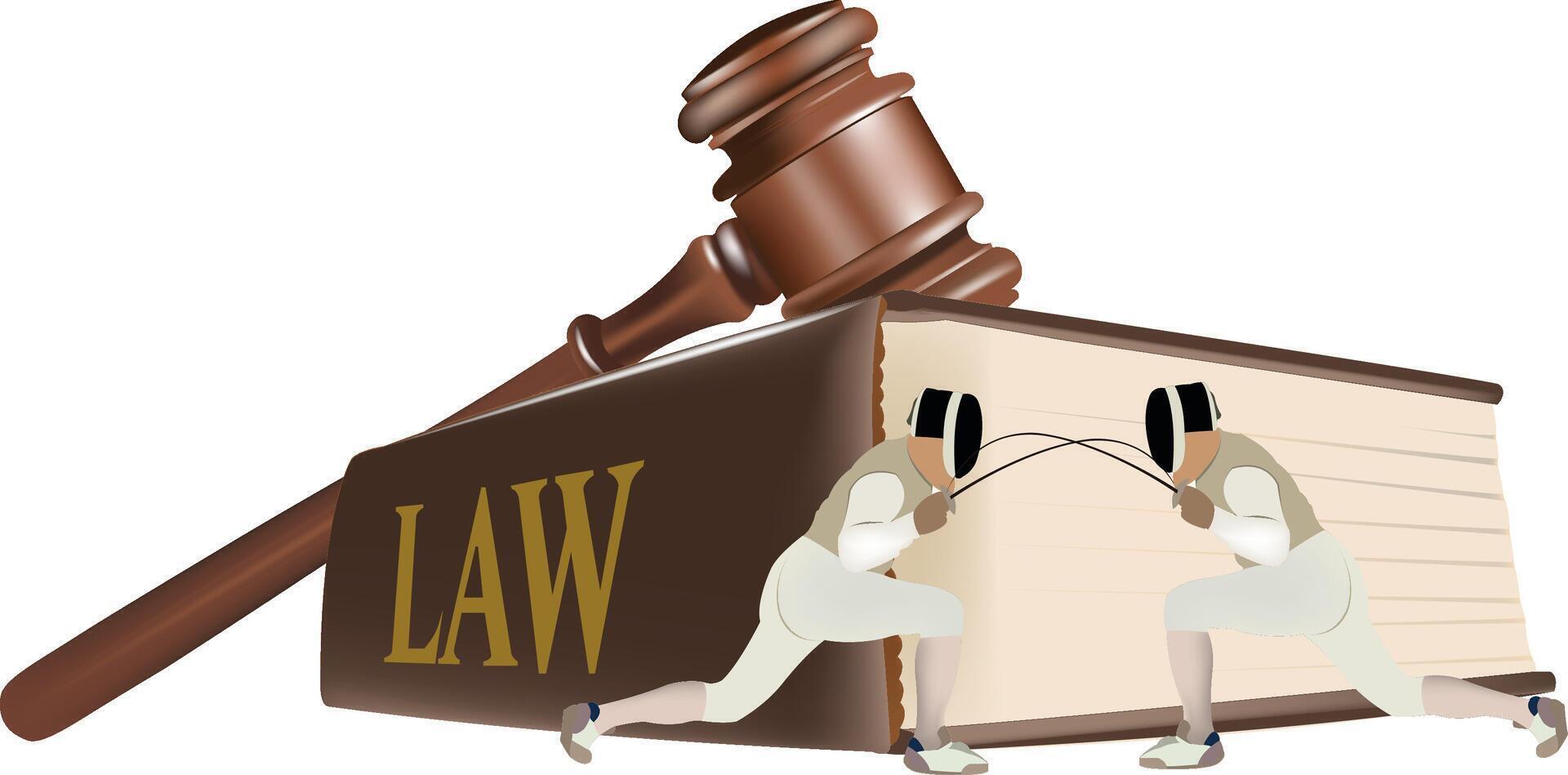 Two fencers dueling behind law book and gavel for legal battle concept vector