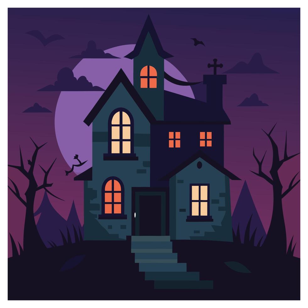 The spooky of Halloween night, Haunted House, Full Moon, Ghosts, Lanterns and Dark Misty Forest vector