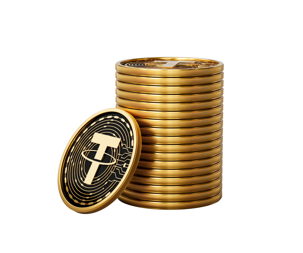 3d Stack Of Golden Cryptocurrency Tether USDT Coins Stack 3d Illustration png