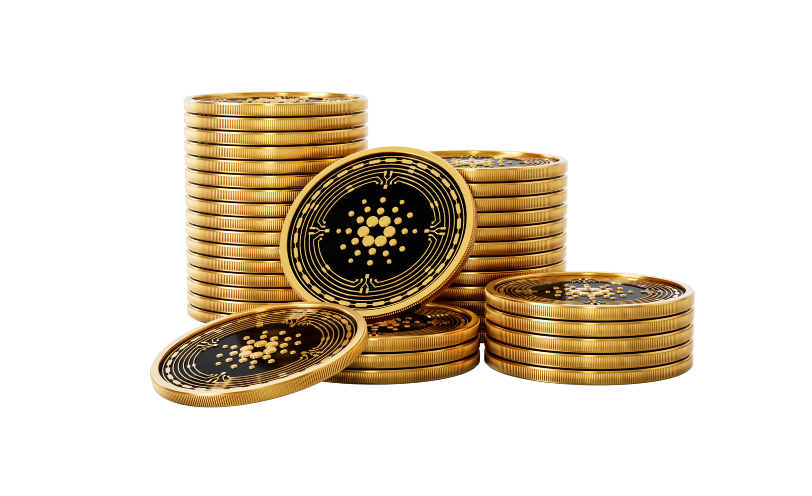 3d Stack Of Golden Cryptocurrency Cardano Rounded Coins Stack 3d Illustration png