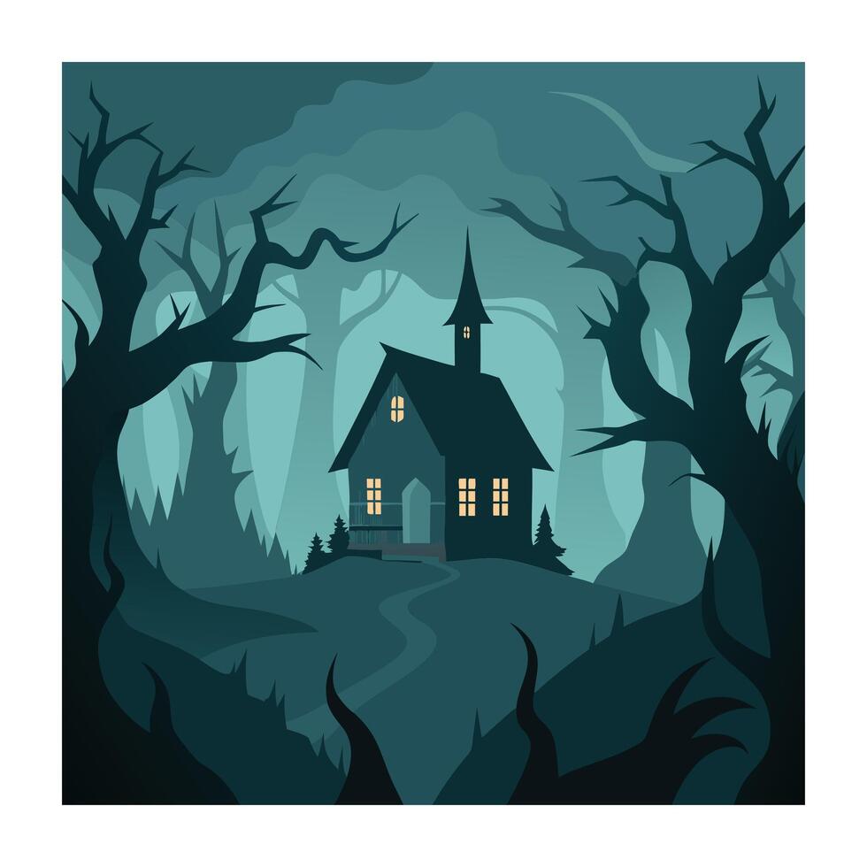 The spooky of Halloween night, Haunted House, Full Moon, Ghosts, Lanterns and Dark Misty Forest vector