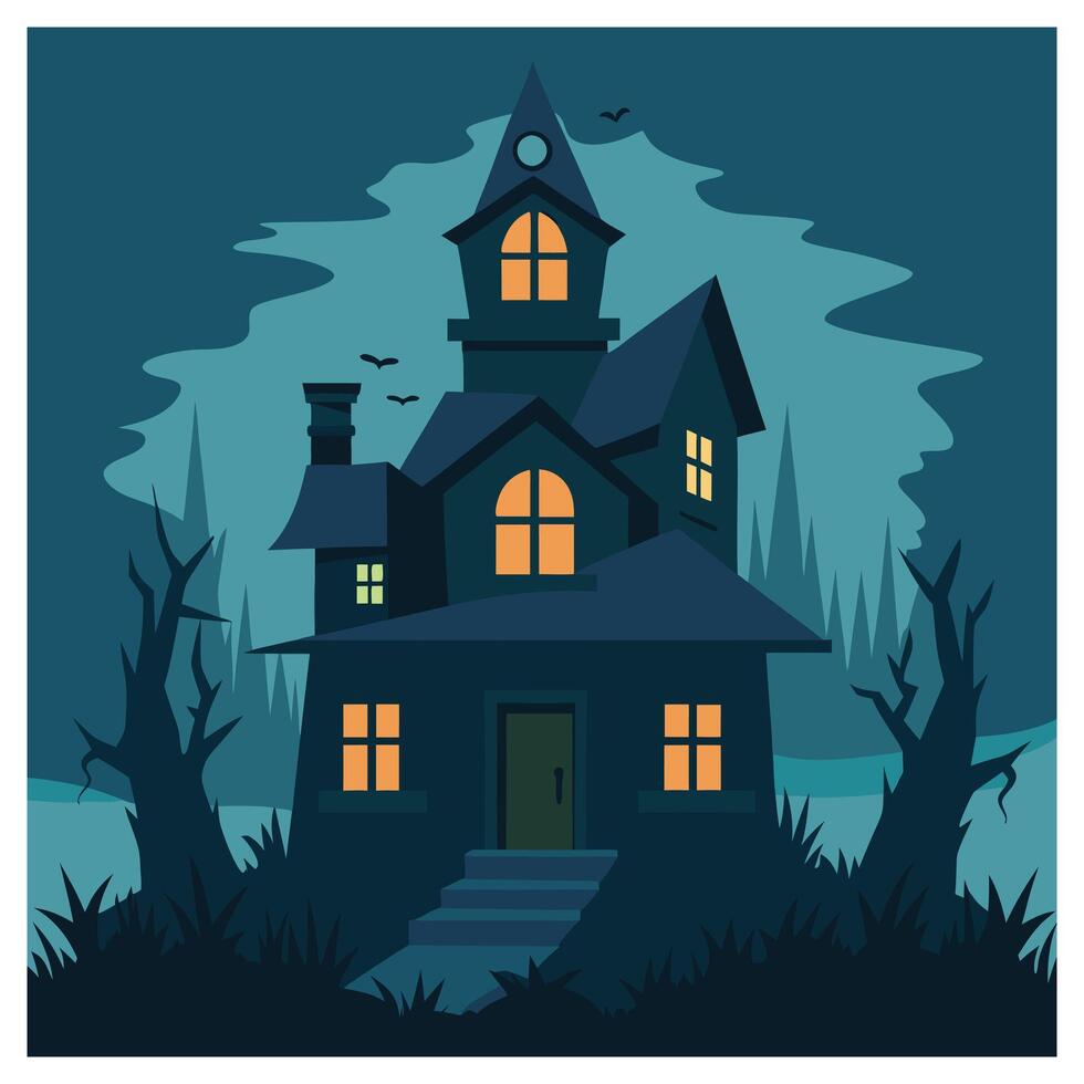 The spooky of Halloween night, Haunted House, Full Moon, Ghosts, Lanterns and Dark Misty Forest vector
