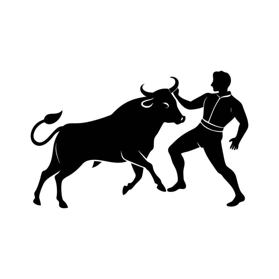 Silhouette matador and bull fight vector