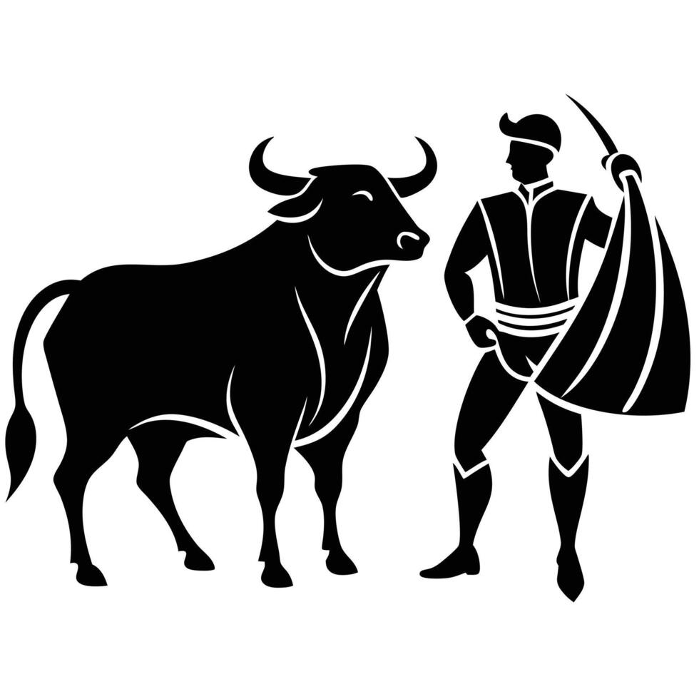 two bull fight silhouette illustrator art, silhouette matador and bull fight vector