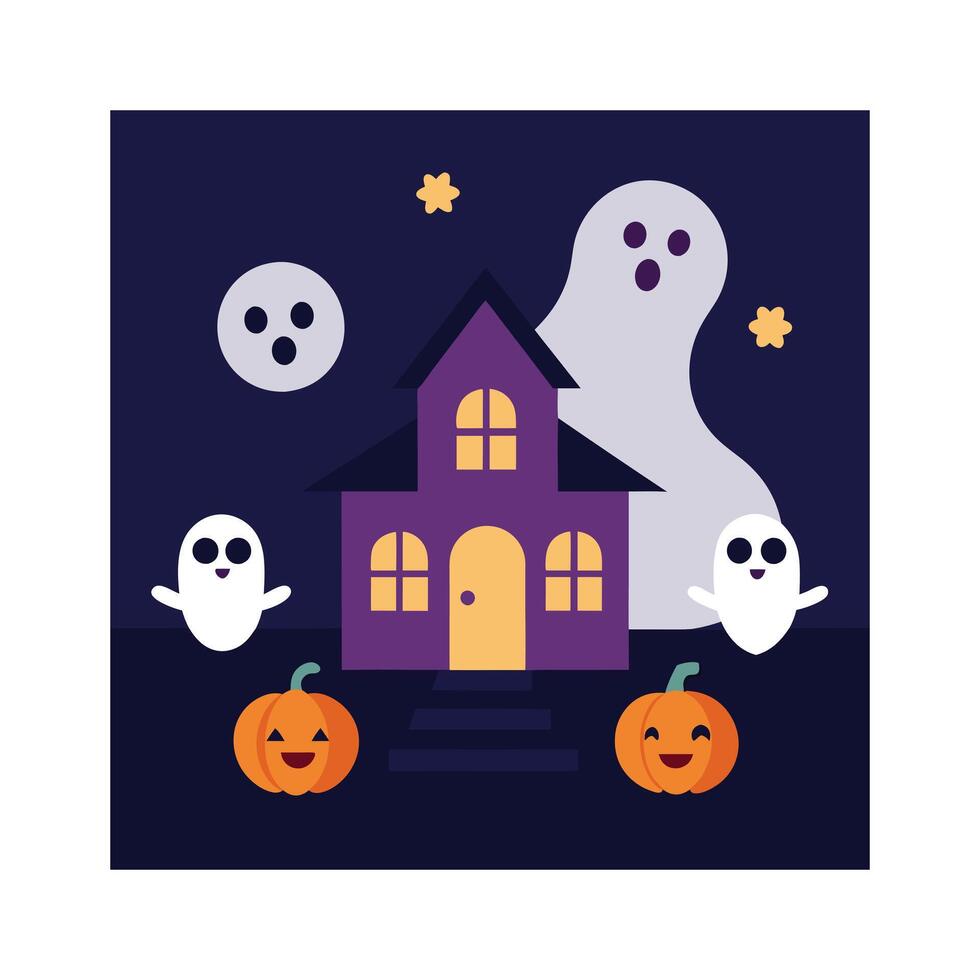 The spooky of Halloween night, Haunted House, Full Moon, Ghosts, Lanterns and Dark Misty Forest vector