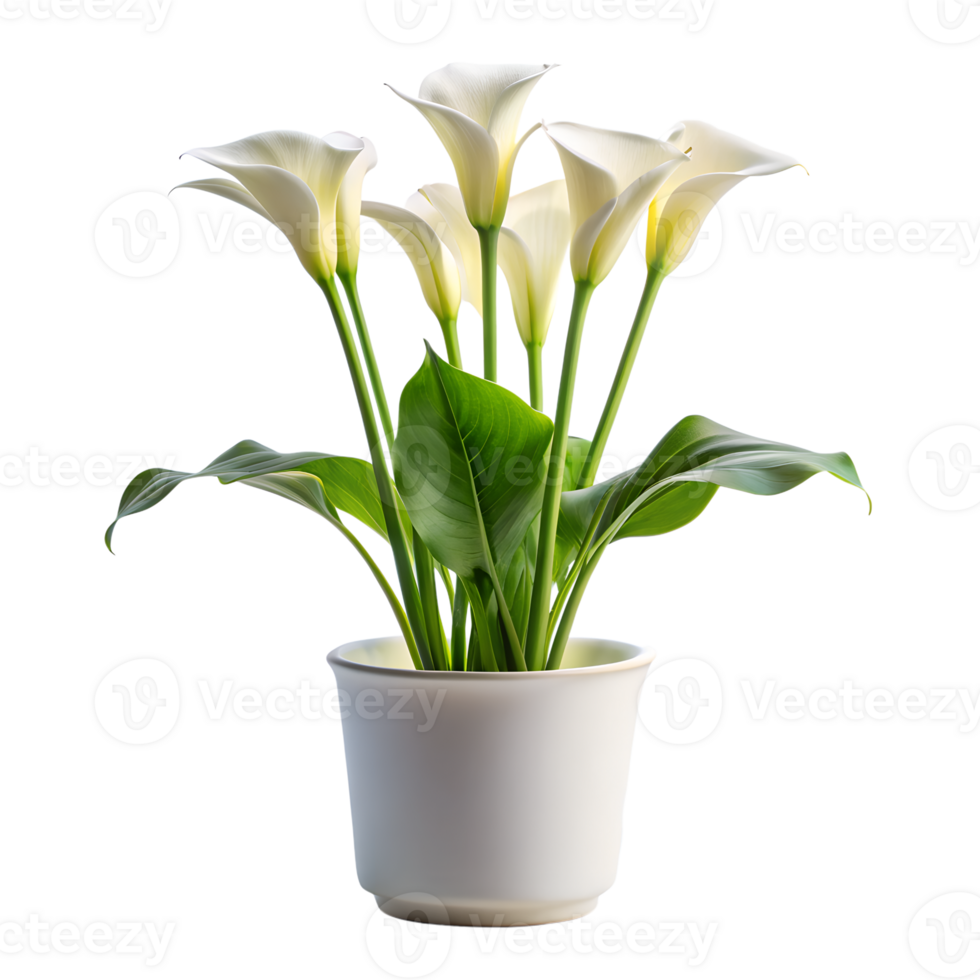 Calla Lily flowers in a minimalist style white pot is tall isolated transparent background png