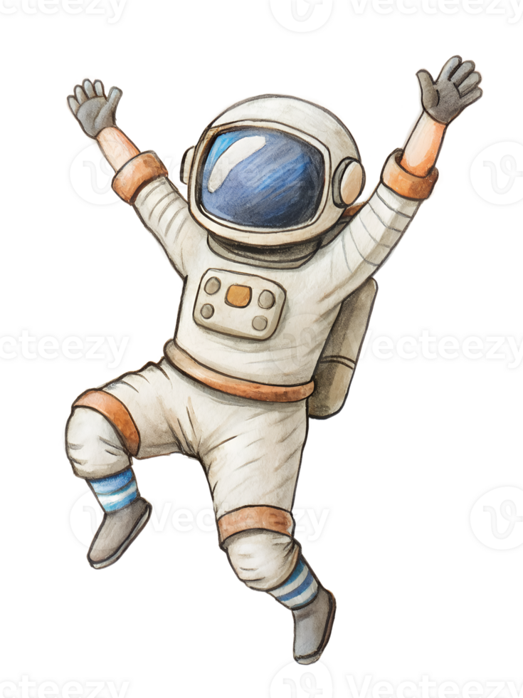 Astronaut jumping up with both arms raised, legs bent, and a huge smile, capturing overwhelming joy png