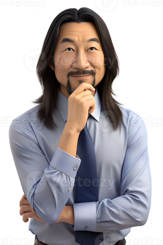 3d style illustration of asia middle aged man with long hair in office worker uniform, he is Biting of nails, isolated on a transparent background png