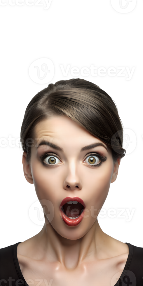 a young women with wide eyes, raised eyebrows, and mouth open in an O shape, isolated on a transparent background png