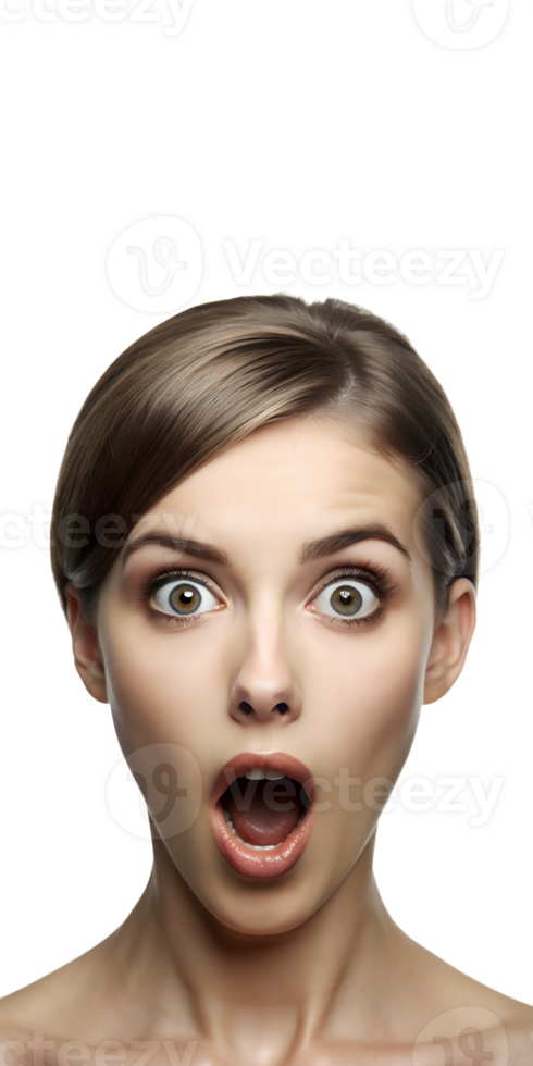 a young women with wide eyes, raised eyebrows, and mouth open in an O shape, isolated on a transparent background png