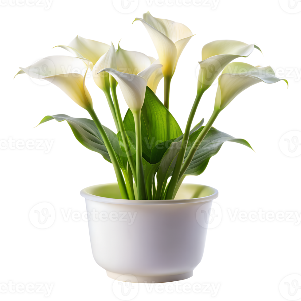Calla Lily flowers in a minimalist style white pot is tall isolated transparent background png
