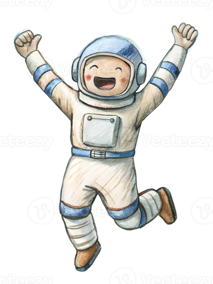Astronaut jumping up with both arms raised, legs bent, and a huge smile, capturing overwhelming joy png