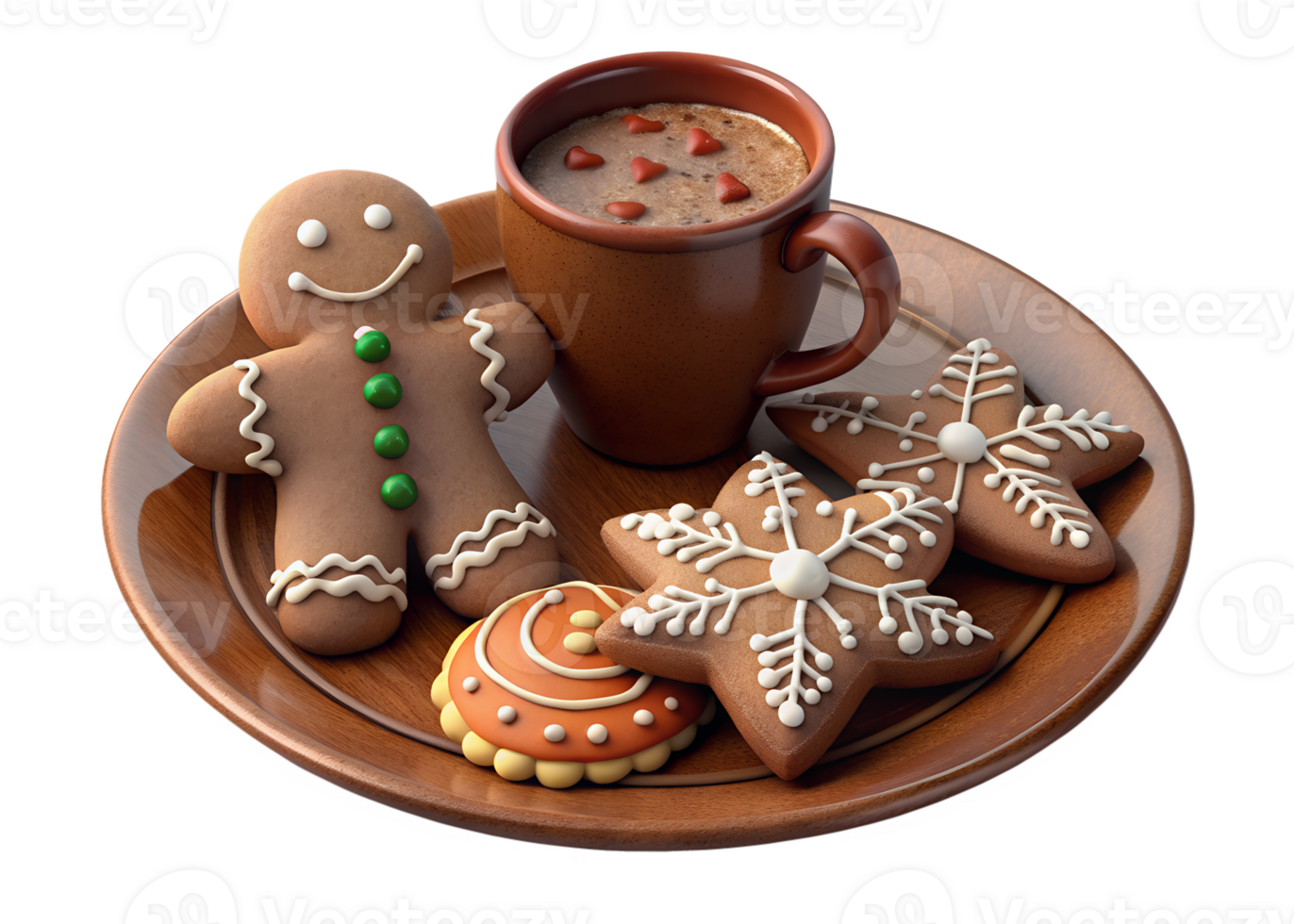3d render of Gingerbread cookies decorated with icing, set on a rustic plate with a cup of hot chocolate png