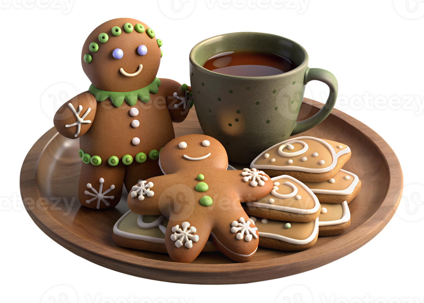 3d render of Gingerbread cookies decorated with icing, set on a rustic plate with a cup of hot chocolate png