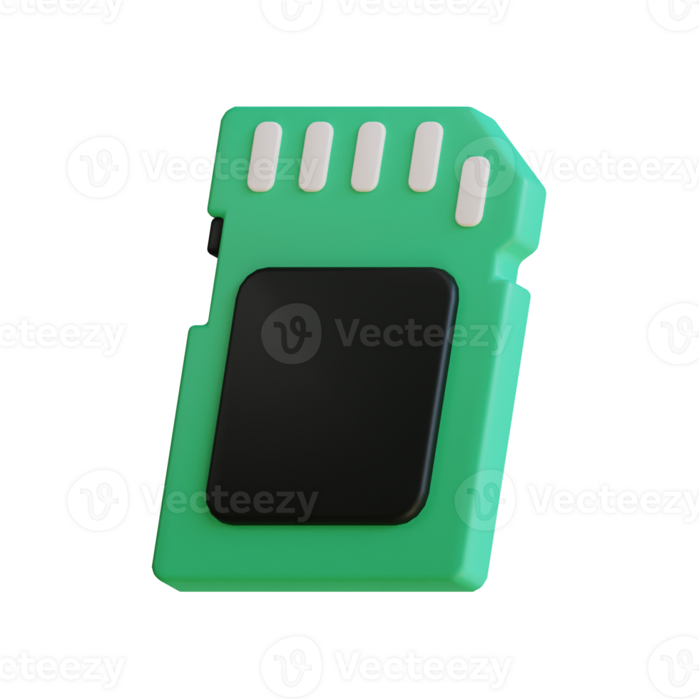 3D illustration of a green SD memory card, isolated on a transparent background. png
