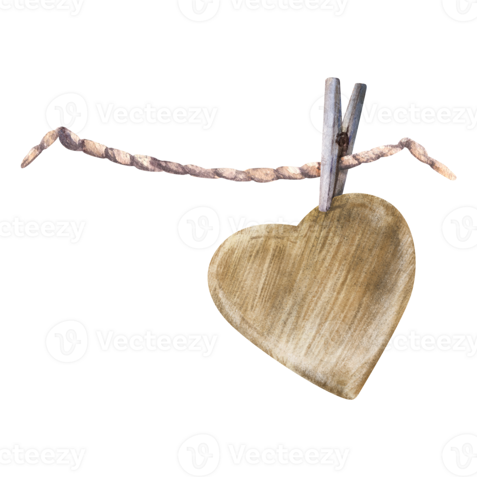 Watercolor Heart on a clothespin hanging on a string, rope. Declaration of love. Greeting, gift valentines day cards. Wooden hand made symbol of love. Hand drawn Illustration on isolated background png