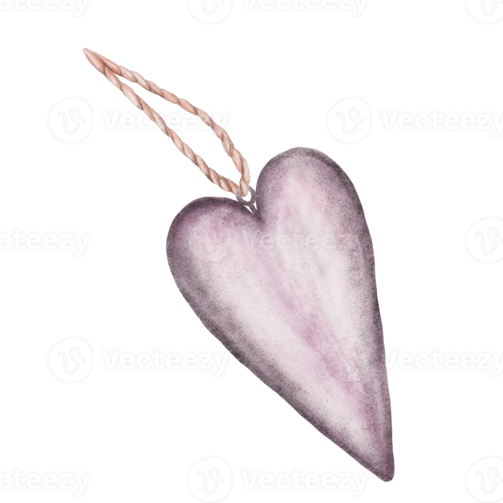 Decorative lilac heart on a rope. Pendant, key chain Traditional decoration for Valentine's Day, a symbol of love. Watercolor hand drawn illustration for card, invitation design on isolated background png
