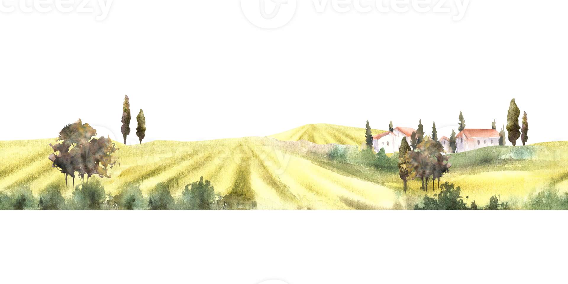 Landscape with field, villa, farmhouse, bushes, fruit trees, cypresses. Watercolor seamless border, pattern Italian, France summer. Label, packaging paper Hand draw illustration on isolated background png