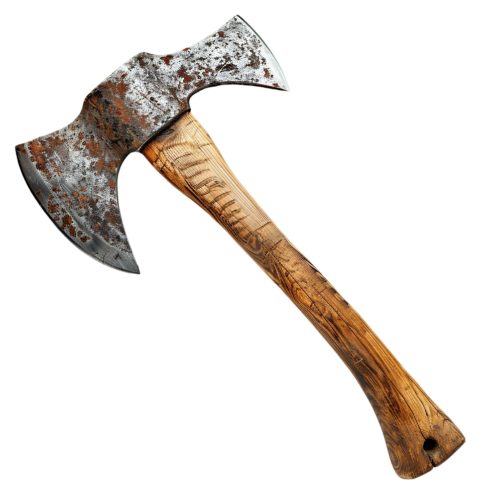 an axe with a rusty handle on a transparent background png