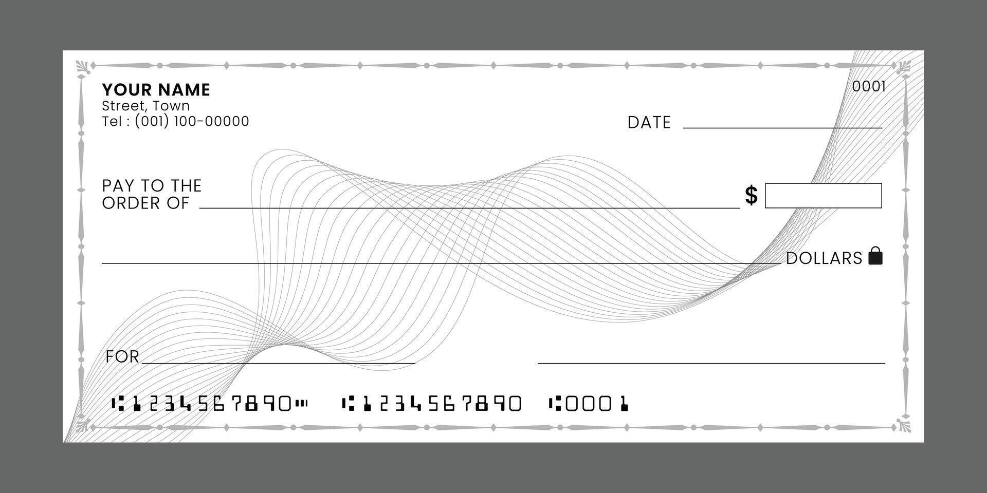 Blank bank check, checkbook cheque template or money payment paper voucher, mockup. vector