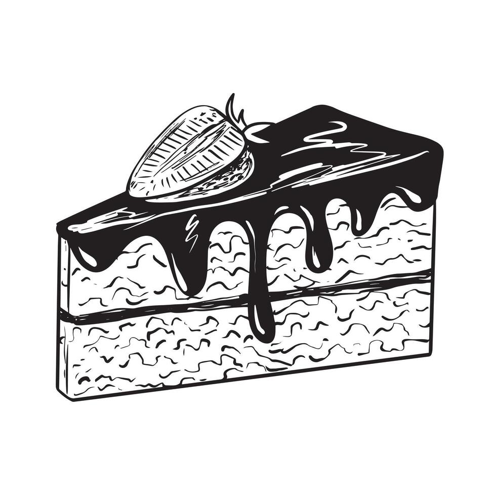 Sketch style slice of chocolate cake with strawberry. Engraving style brownie. Schwarzwald cake. Hand drawn dessert with berry and glaze vector