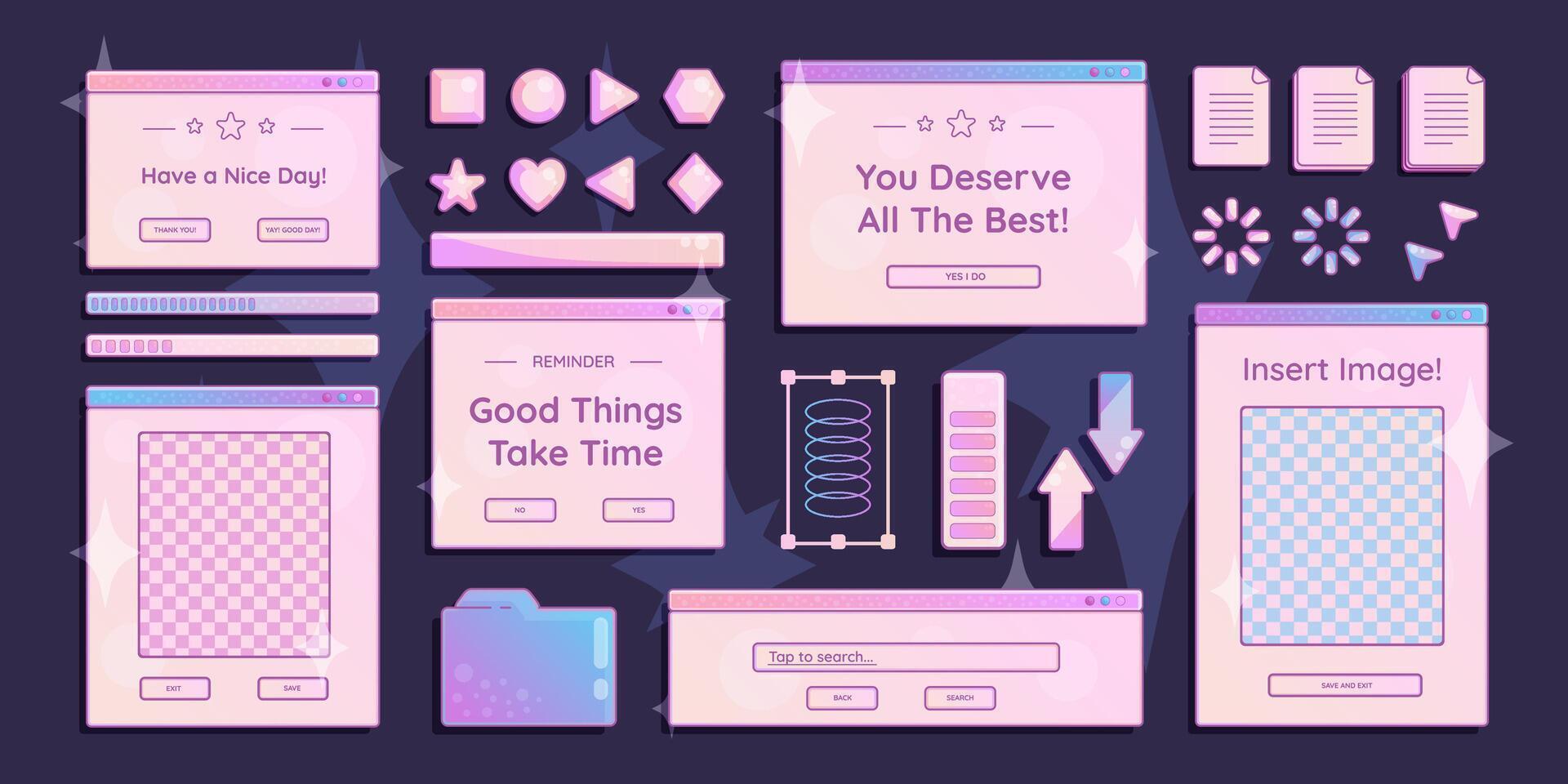 Computer screens, opened windows with short phrases and elements, loading bars and cursors, folders and documents. Graphic design stickers and decorations. illustration set. vector
