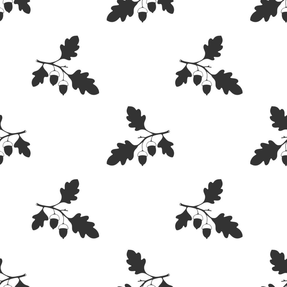 Pattern oak branch with acorns, black silhouette drawing on white background. vector