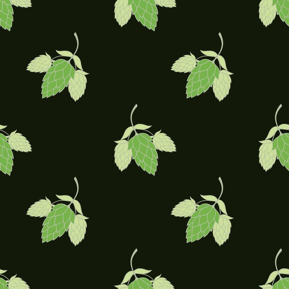 Hop plant with cones and leaves pattern on dark green background. vector