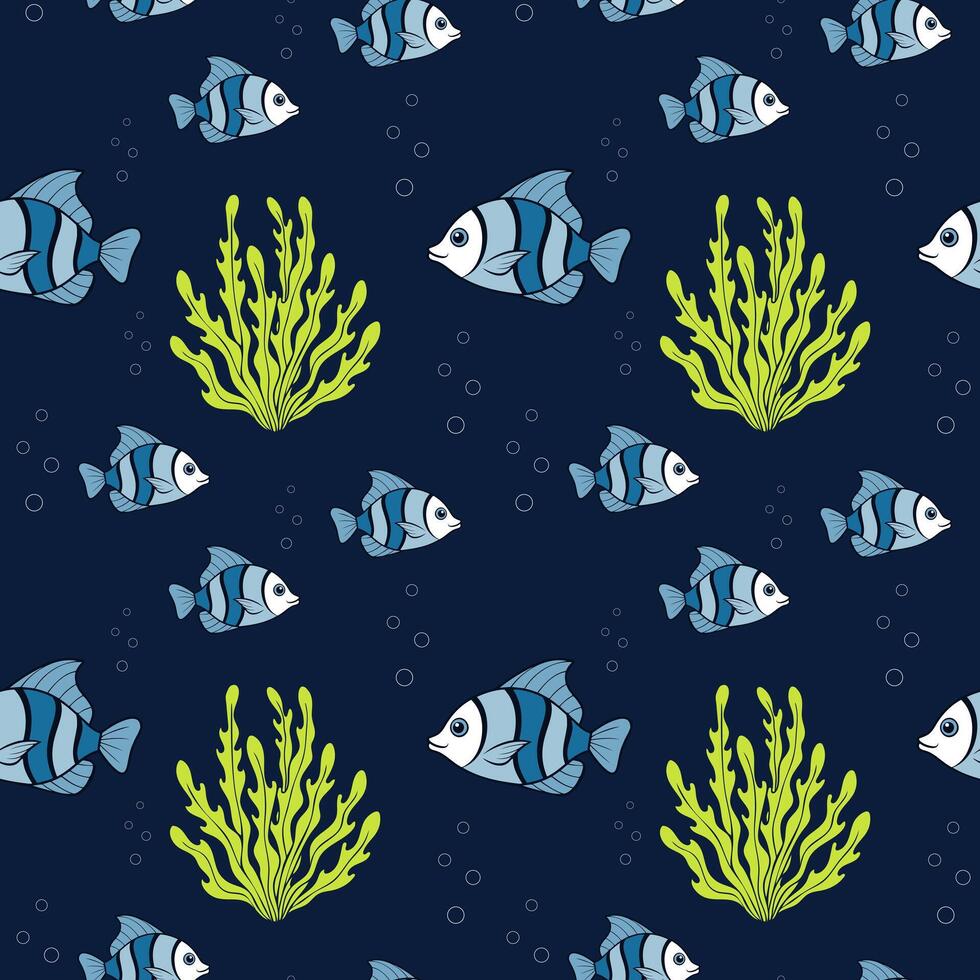 Sea bottom pattern with blue fish and green algae on dark blue background, seamless marine pattern. vector
