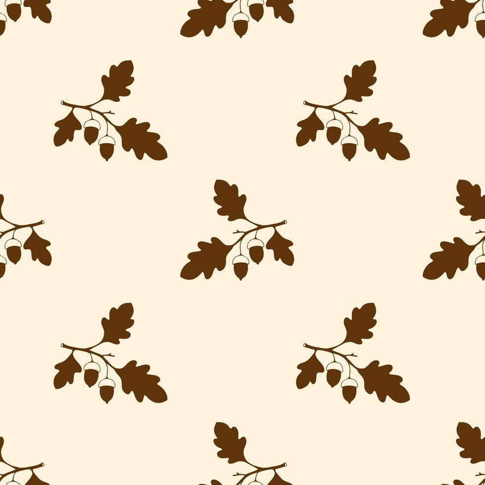 Pattern with oak branch with acorns, brown silhouette drawing on pastel background. vector