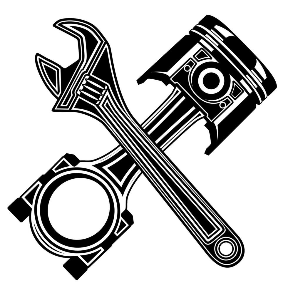 wrench and piston engine cross icon. motorcycle service symbol logo design illustration vector