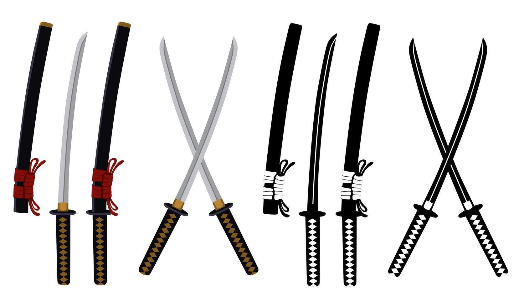 Set Wakizashi swords icon. Katana Japanese samurai blade weapon illustration vector