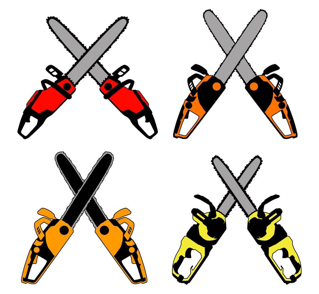 set crossed electric chainsaw machine icon. carpenter logo. woodworking symbol illustration vector