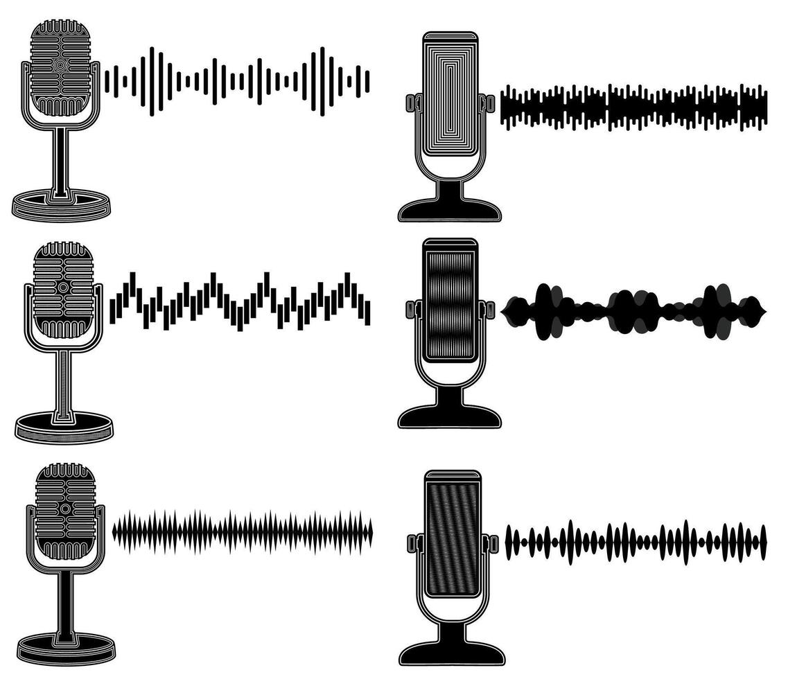 Set retro microphone with audio waveform icon. recording podcast soundwaves symbol design illustration vector