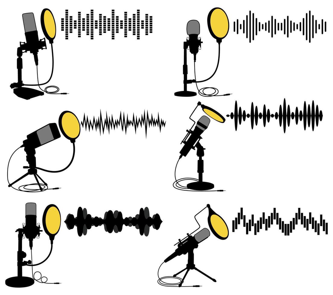 set microphone podcasting with soundwaves icon. recording microphone design illustration vector
