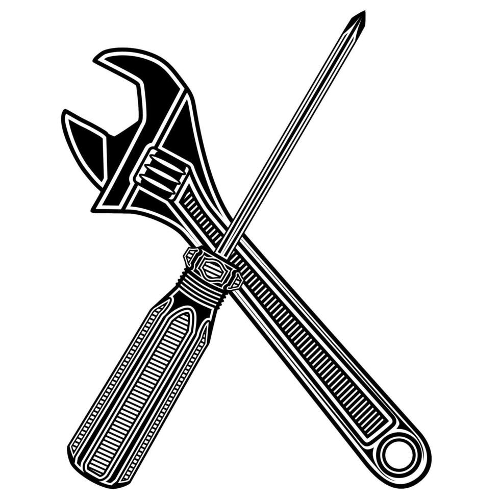crossed screwdriver and adjustable icon. Maintenance wrench vintage design illustration vector